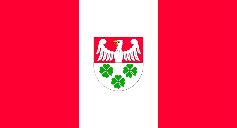 Flaga Gminy Wierzchosławice - od lewej czerwony w środku biały i z prawej czerwony. Na białym herb gminy.