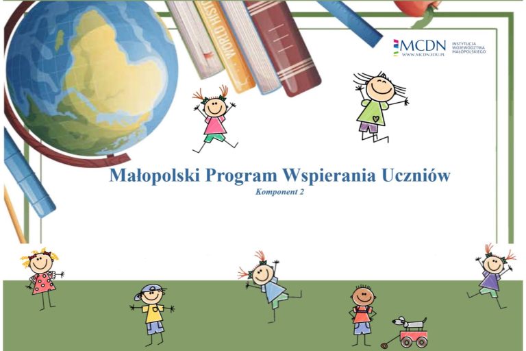 Grafika przedstawia globus, książki oraz postacie dzieci oraz tekst "Małopolski Program Wspierania Uczniów"