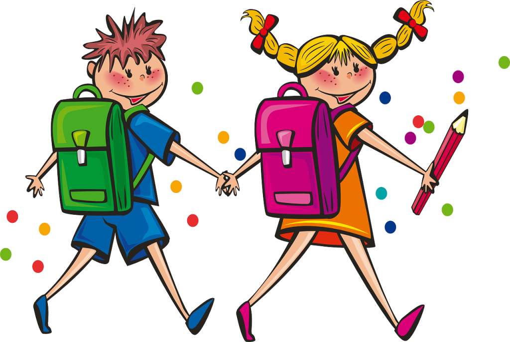 Grafika przedstawia chłopca i dziewczynkę z plecakami