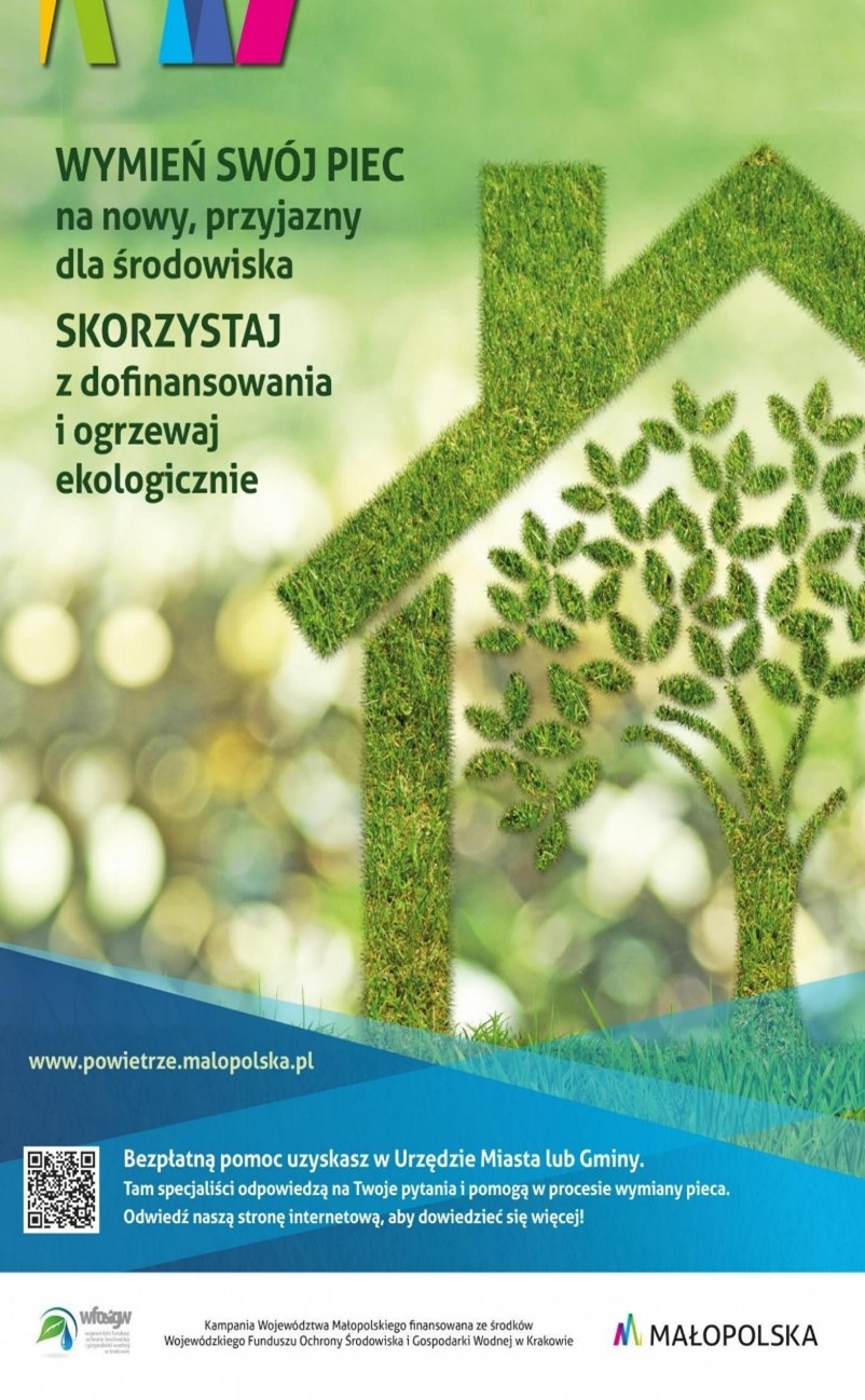 Grafika promująca program wymiany kotłów. Na obrazku przedstawiony jest zarys domu a w jego wnętrzu grafika obrazująca drzewo