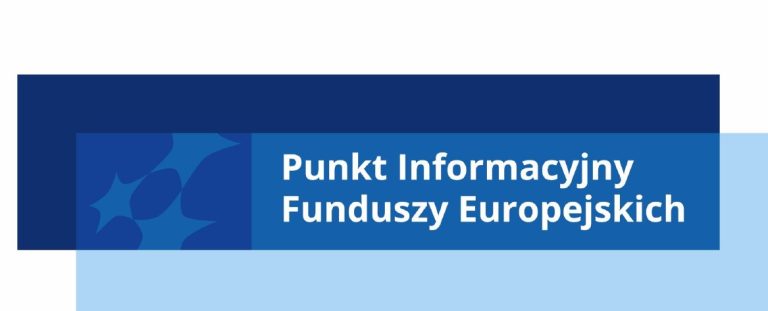Grafika z biało niebieskich prostokątów z napisem "Punkt Informacyjny Funduszy Europejskich"